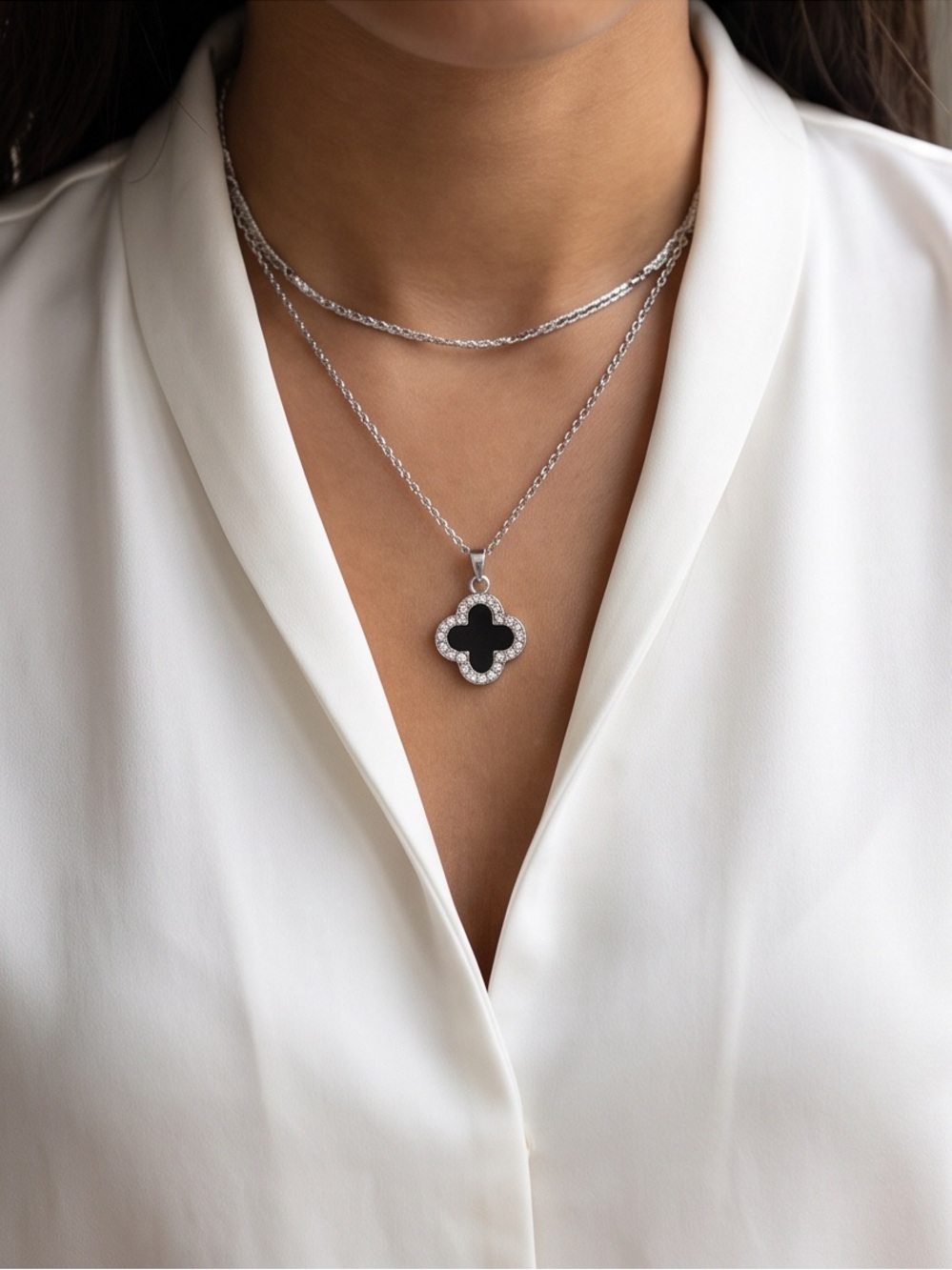 Silver Pendant Necklace with Black Inlay and Crystal Accent